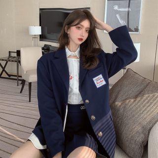 Embroider Long-sleeve Shirt / Embroider Blazer / High Waist Pleated Skirt