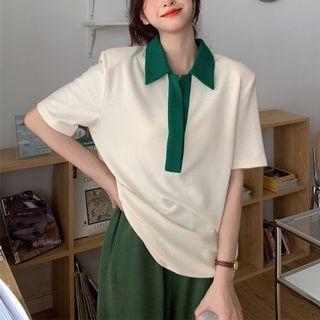 Elbow-sleeve Two-tone Polo Shirt White - One Size