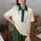 Elbow-sleeve Two-tone Polo Shirt White - One Size