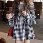 Off Shoulder Long-sleeve Check A-line Dress