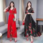 Floral Elbow-sleeve Maxi A-:line Dress