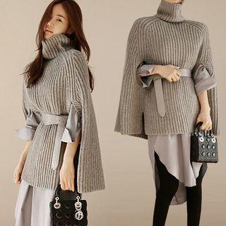 Turtleneck Ribbed Long-sleeve Cape Knit Top