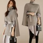 Turtleneck Ribbed Long-sleeve Cape Knit Top