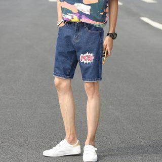 Lettering Straight-cut Denim Shorts