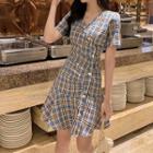 Short-sleeve Plaid Shirred A-line Dress
