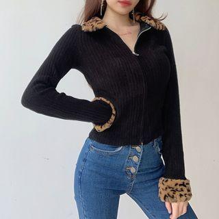 Long-sleeve Leopard Print Faux Fur Trim Zip-up Knit Top