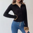Long-sleeve Leopard Print Faux Fur Trim Zip-up Knit Top