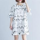 Elbow-sleeve Face Print Dress As Shown In Figure - One Size