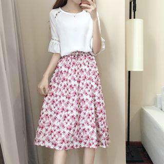 Set: Elbow-sleeve Top + Printed Midi Skirt