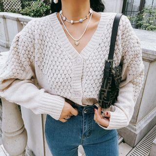 V-neck Plain Cardigan Off-white - One Size