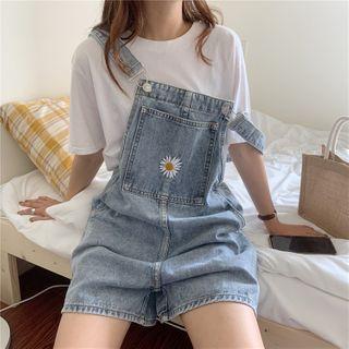 Floral Embroidered Wide Leg Denim Jumper Shorts