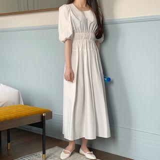 Puff-sleeve Round-neck Plain Ruched Dress