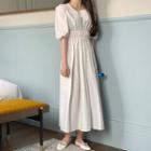 Puff-sleeve Round-neck Plain Ruched Dress