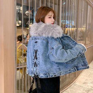 Furry Trim Lace-up Denim Cropped Jacket