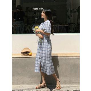 Open-placket Puff-sleeve Plaid Shirtdress