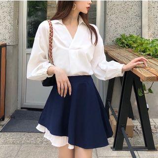 V-neck Ruffled Hem Long Sleeve Shirtdress / Asymmetric Mini Skirt