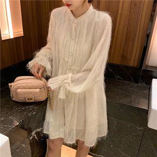 Long-sleeve Fringed Chiffon Dress Almond - One Size