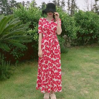 Wrap-front Floral Print Maxi Dress Red - One Size