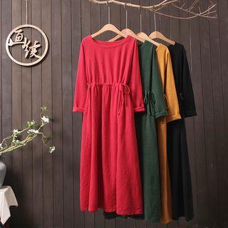 Long-sleeve Drawstring-waist Midi A-line Dress