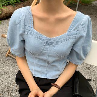 Puff-sleeve Denim Crop Top Blue - One Size