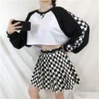 Long Sleeve Checked Cropped Top / Checked Pleated Skirt