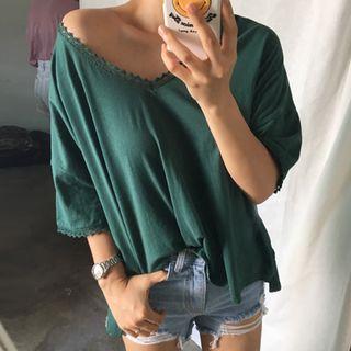 Lace-trim V-neck T-shirt