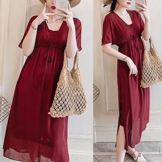 Set: Elbow-sleeve Drawstring Waist Dress + Slipdress