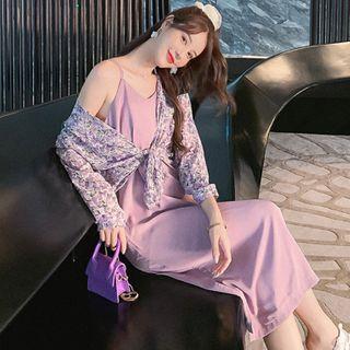 Spaghetti Strap Midi A-line Dress / Long-sleeve Floral Print Shirt