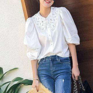 Elbow-sleeve Lace Collar Shirt