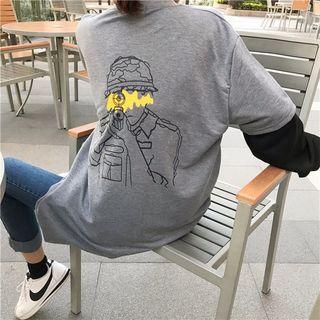 Mock Two-piece Printed Back Long-sleeve T-shirt