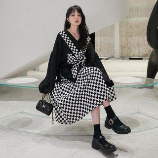 Mock Two-piece Chessboard Pattern Bow Dress