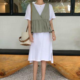 Set: Crew-neck Short-sleeve T-shirt Dress + V-neck Vest