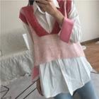 Plain Long-sleeve Shirt / Color-block Knit Vest