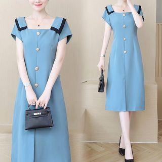 Contrast Trim Buttoned Short-sleeve Midi Dress