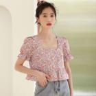 Floral Print Short-sleeve Cropped Blouse Floral - One Size