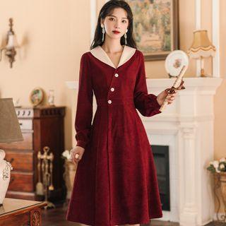 Long-sleeve Contrast Collar Wrap A-line Dress