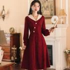 Long-sleeve Contrast Collar Wrap A-line Dress