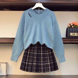 Cutout V-neck Sweater / Plaid Mini A-line Skirt / Set