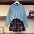 Cutout V-neck Sweater / Plaid Mini A-line Skirt / Set