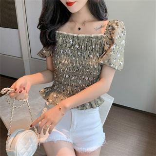 Ruffled Floral Print Puff-sleeve Blouse