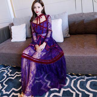 Long-sleeve Cutout Lace Panel Midi Dress