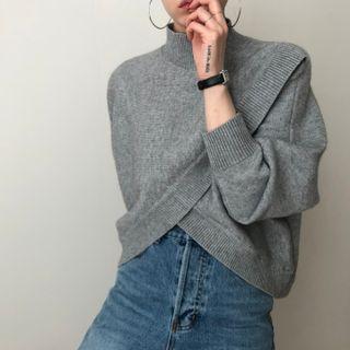 Mock-neck Asymmetrical Loose-fit Sweater Gray - One Size