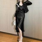 Set: Spaghetti-strap Midi Sheath Dress + Cropped Blazer