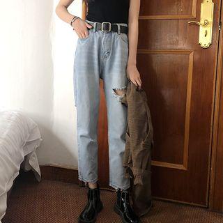 Cropped Washed Ripped Straight Cut Jeans
