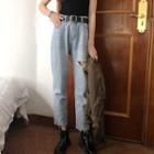 Cropped Washed Ripped Straight Cut Jeans