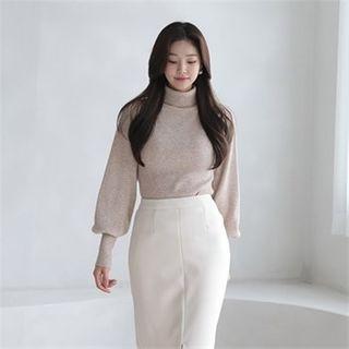 Turtle-neck Bishop-sleeve Wool Blend Knit Top