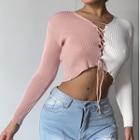 Long Sleeve Color-block Ribbed Knit Lace-up Sweater Pink - One Size