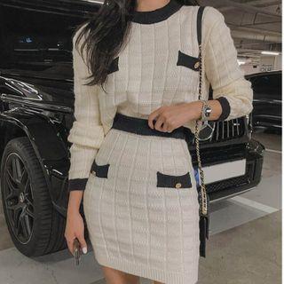 Set: Contrast Trim Sweater + Mini Pencil Skirt Set Of 2 - Sweater & Skirt - Beige - One Size