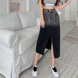 Gradient Slit Denim Midi Pencil Skirt