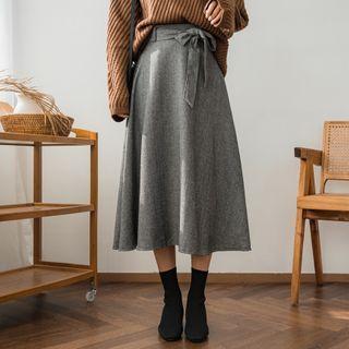 Tie-waist Herringbone Long Skirt